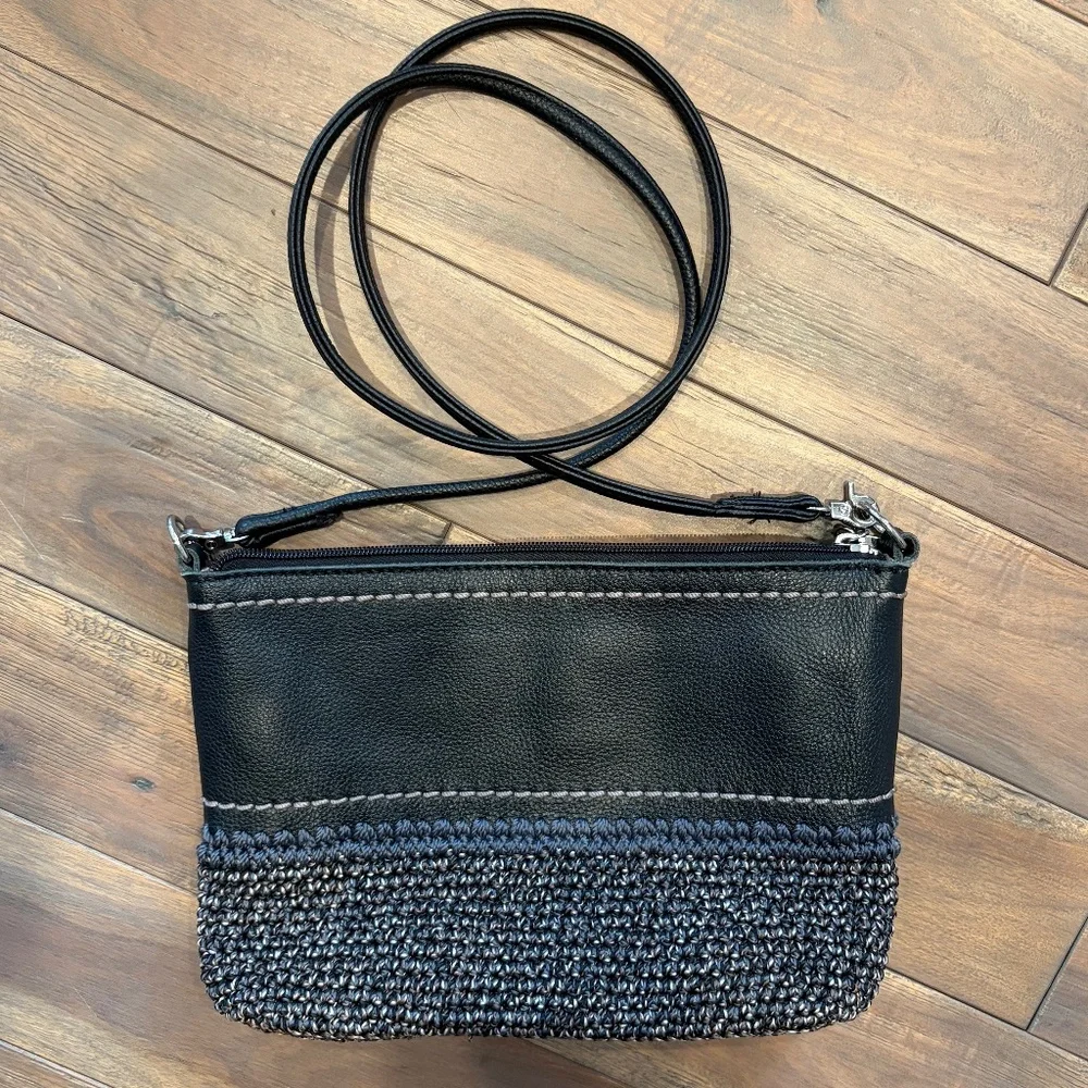 The Sak Crossbody‎ Bag -  Black Leather with Black and Tan Crochet Knit Twill - Picture 2 of 8